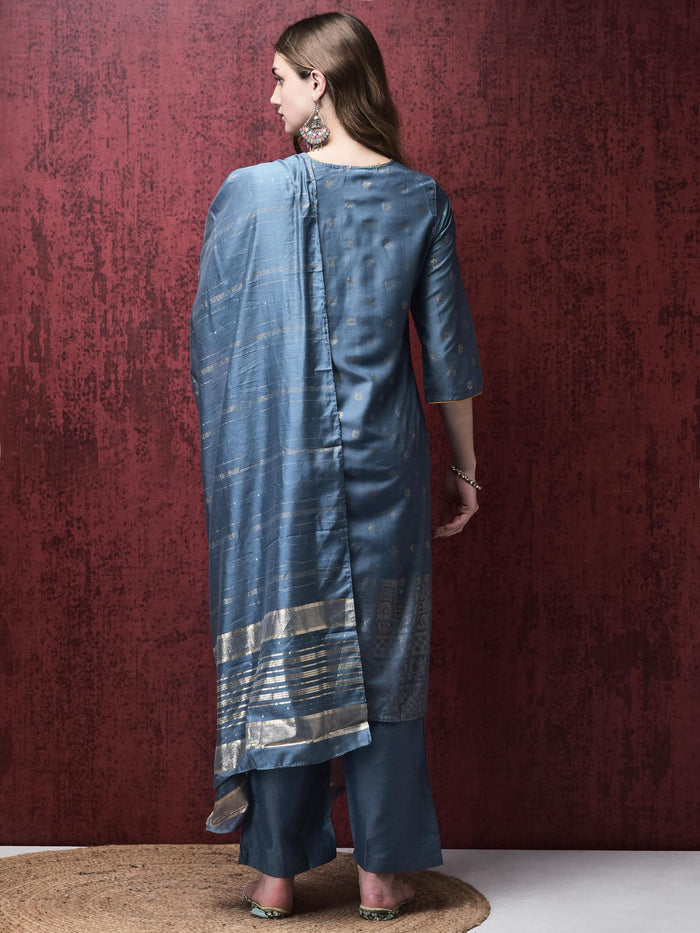 Women Liva Blue Foil Print Kurta Comfort pant Dupatta.
