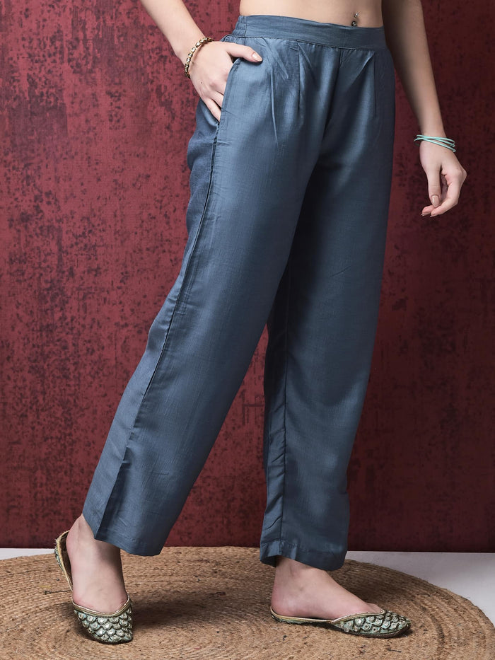 Women Liva Blue Foil Print Kurta Comfort pant Dupatta.