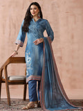Women Liva Blue Printed Kurta Comfort Pant Dupatta.