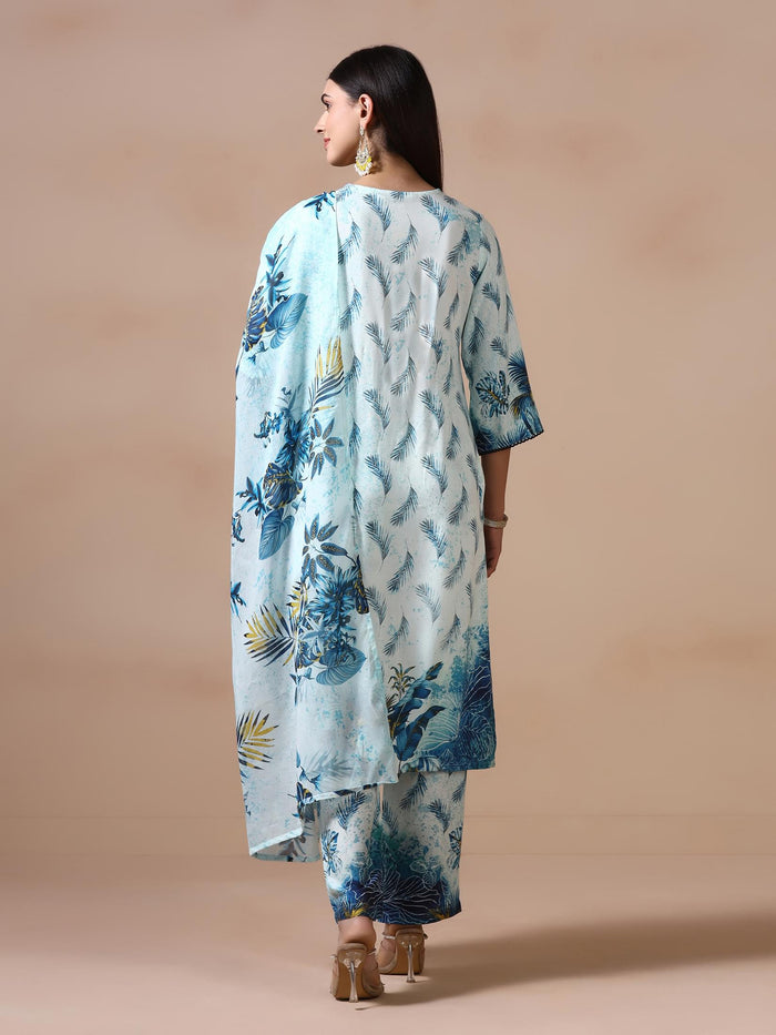 Women Liva Blue Printed Kurta Comfort Pant Dupatta.