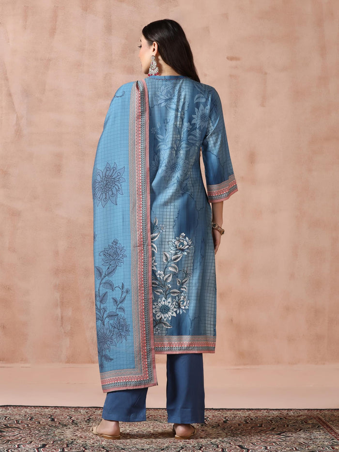 Women Liva Blue Printed Kurta Comfort Pant Dupatta.