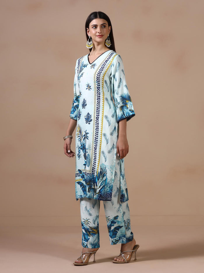 Women Liva Blue Printed Kurta Comfort Pant Dupatta.