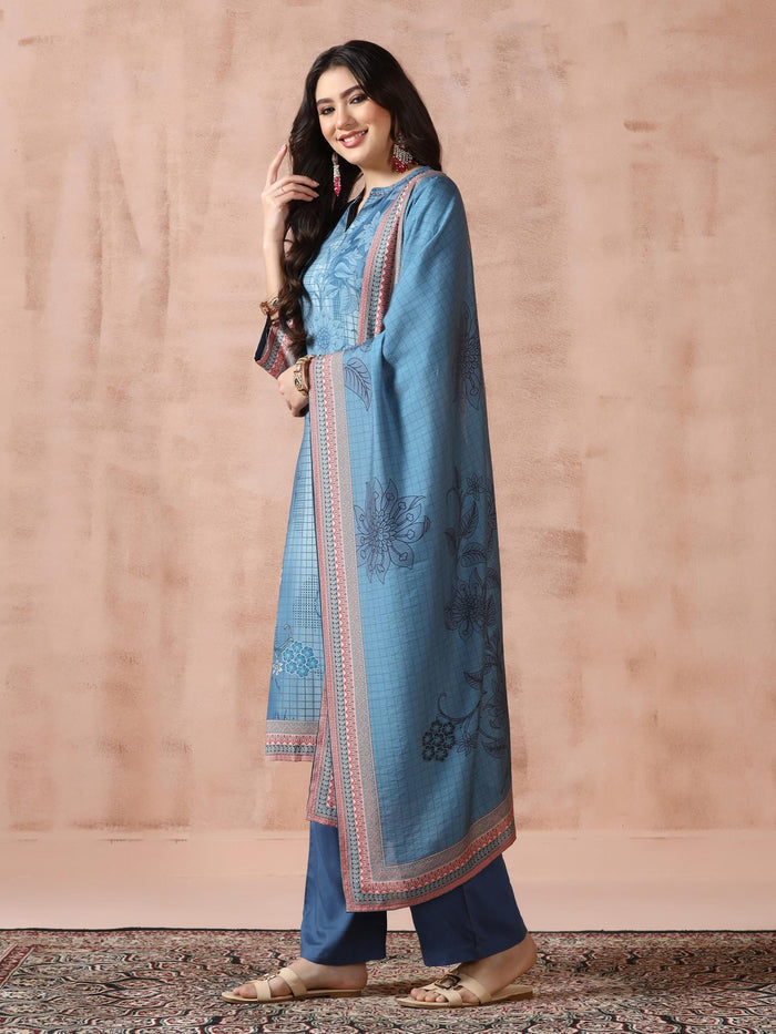 Women Liva Blue Printed Kurta Comfort Pant Dupatta.