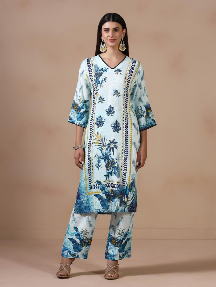 Women Liva Blue Printed Kurta Comfort Pant Dupatta.