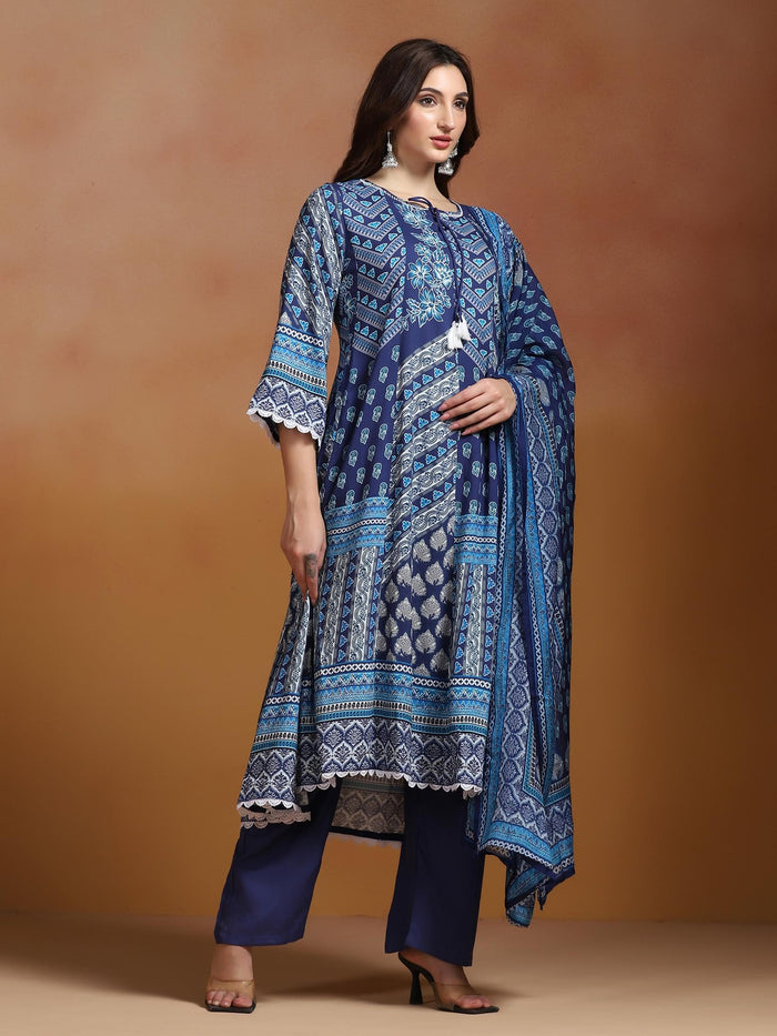 Women Liva Blue Printed Kurta Comfort Pant Dupatta.