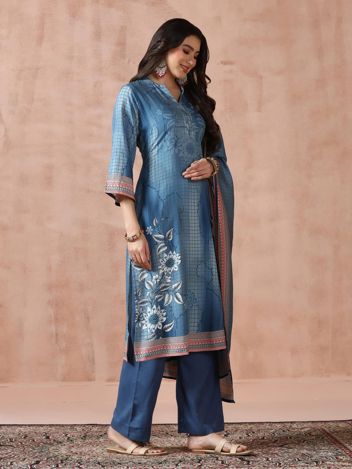 Women Liva Blue Printed Kurta Comfort Pant Dupatta.