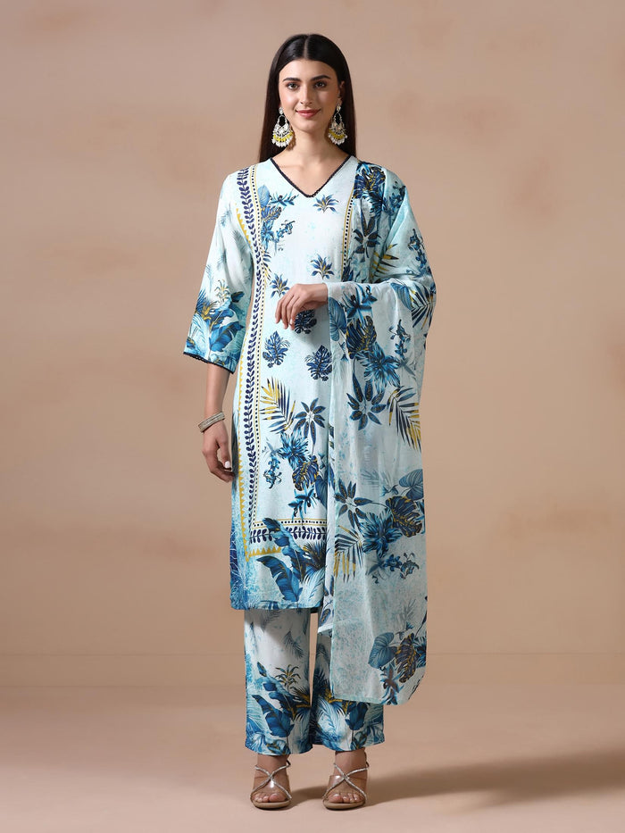 Women Liva Blue Printed Kurta Comfort Pant Dupatta.