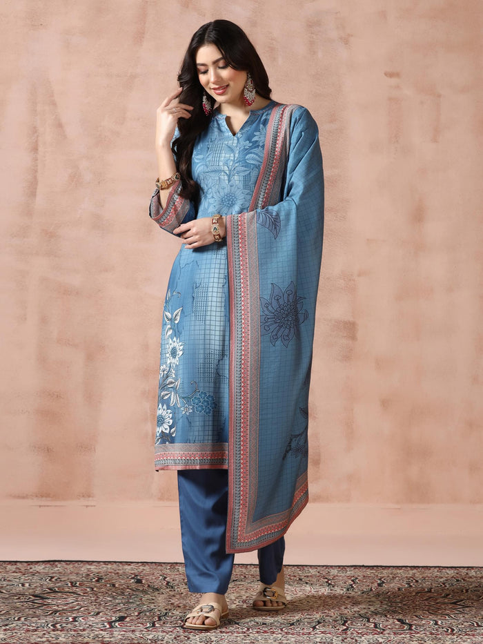 Women Liva Blue Printed Kurta Comfort Pant Dupatta.