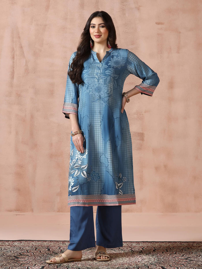 Women Liva Blue Printed Kurta Comfort Pant Dupatta.