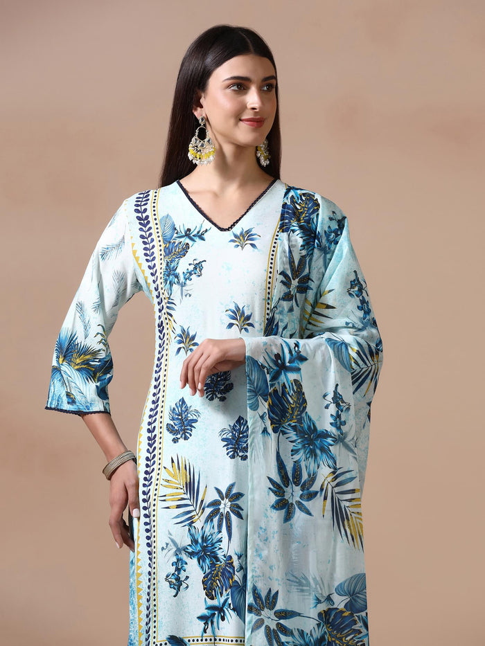Women Liva Blue Printed Kurta Comfort Pant Dupatta.