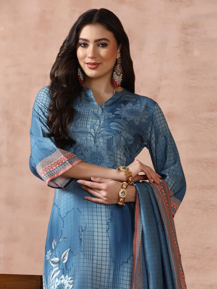 Women Liva Blue Printed Kurta Comfort Pant Dupatta.