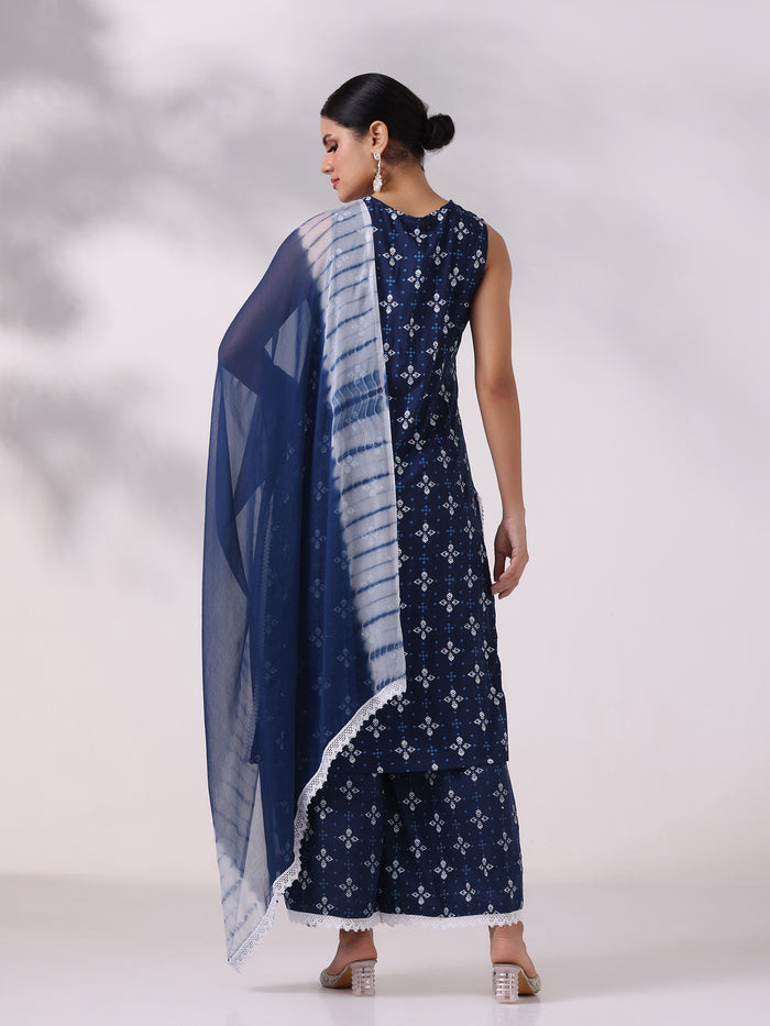 Women Liva Blue Printed Kurta Wide Leg Pant Dupatta