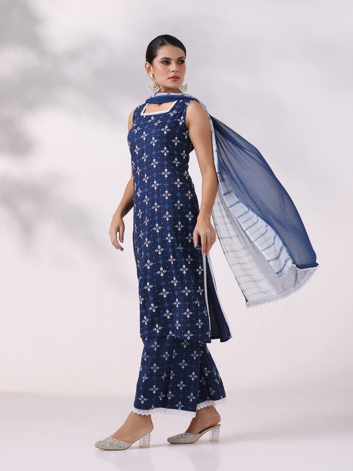Women Liva Blue Printed Kurta Wide Leg Pant Dupatta