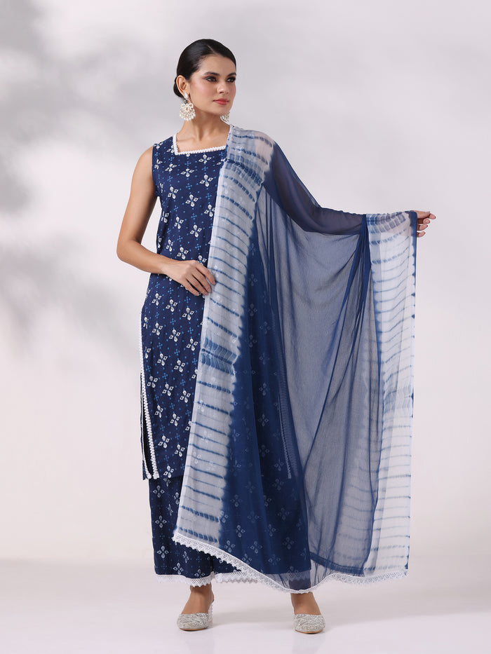 Women Liva Blue Printed Kurta Wide Leg Pant Dupatta