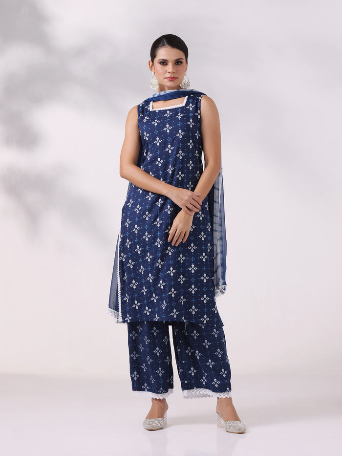 Women Liva Blue Printed Kurta Wide Leg Pant Dupatta