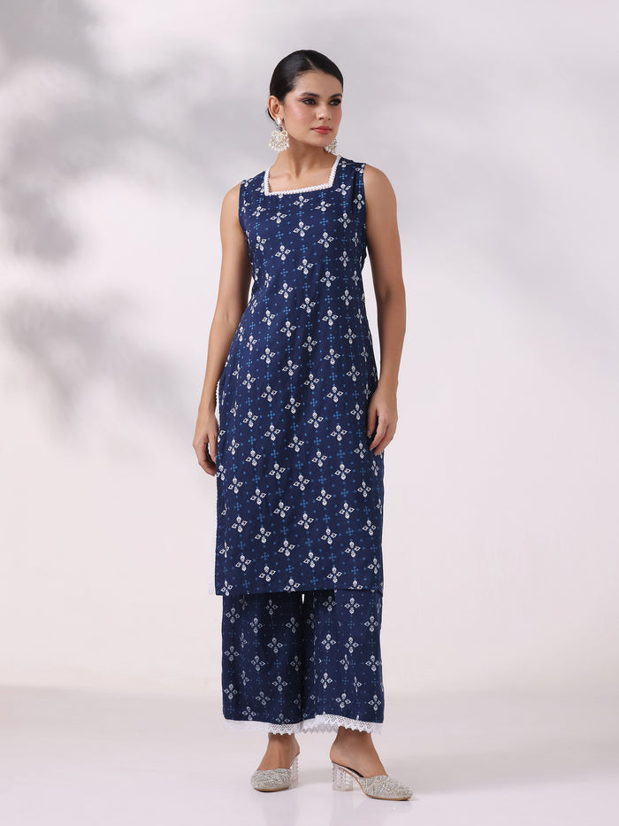 Women Liva Blue Printed Kurta Wide Leg Pant Dupatta