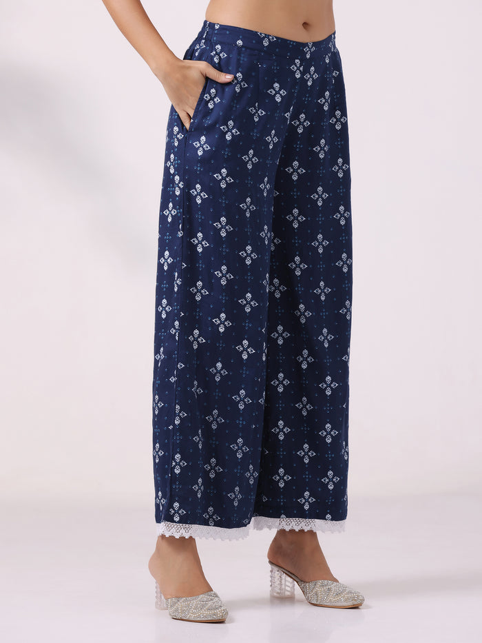 Women Liva Blue Printed Kurta Wide Leg Pant Dupatta