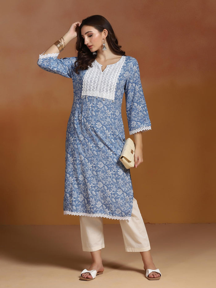 Women Liva Blue Printed Kurta.