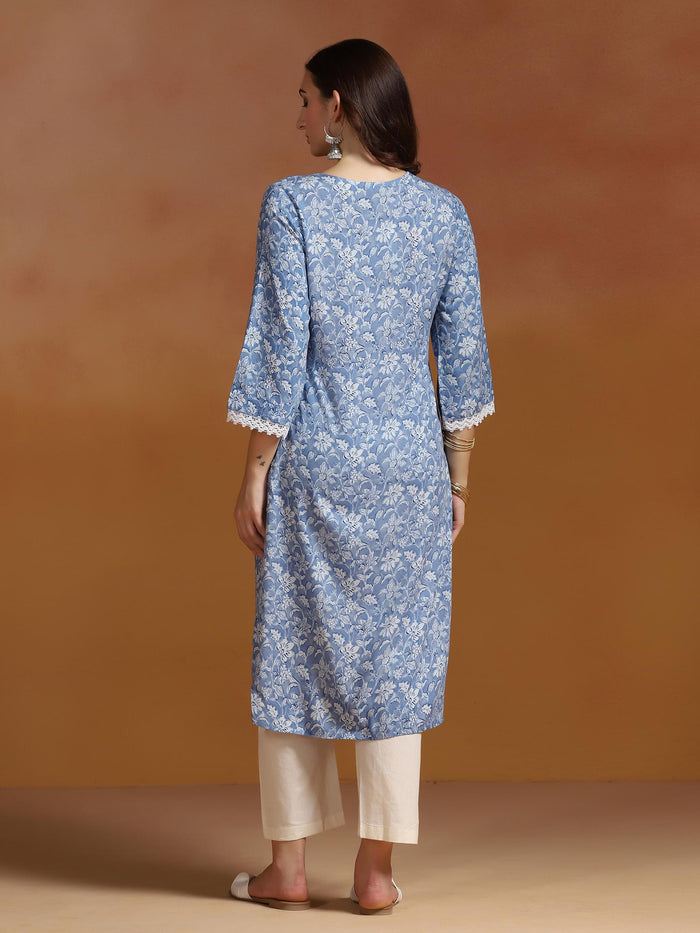 Women Liva Blue Printed Kurta.