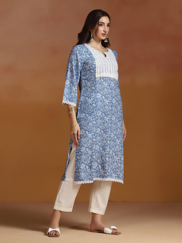 Women Liva Blue Printed Kurta.
