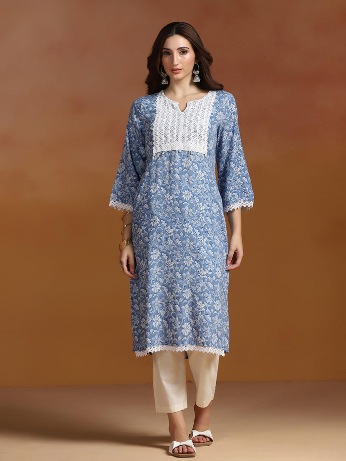 Women Liva Blue Printed Kurta.