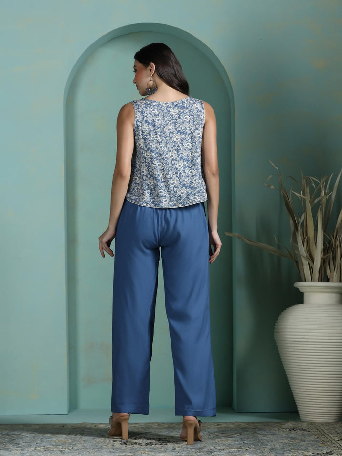 Women Liva Blue Printed Top With Comfort Pant.