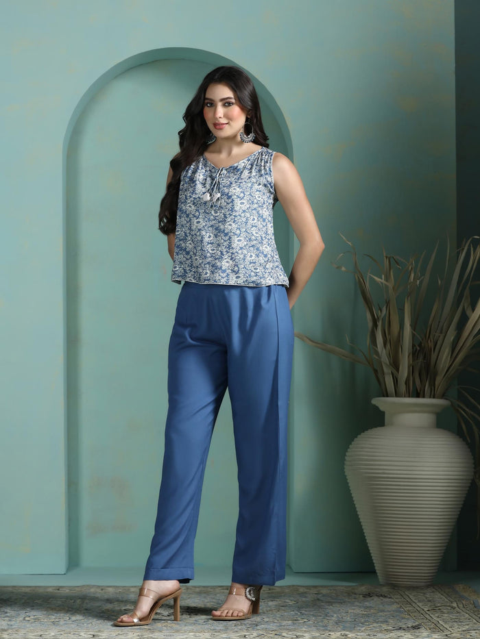 Women Liva Blue Printed Top With Comfort Pant.