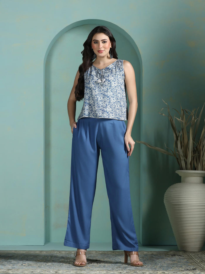 Women Liva Blue Printed Top With Comfort Pant.