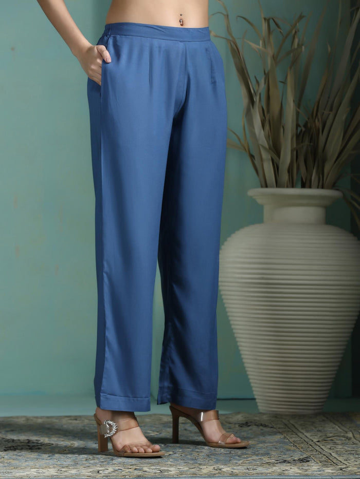 Women Liva Blue Printed Top With Comfort Pant.
