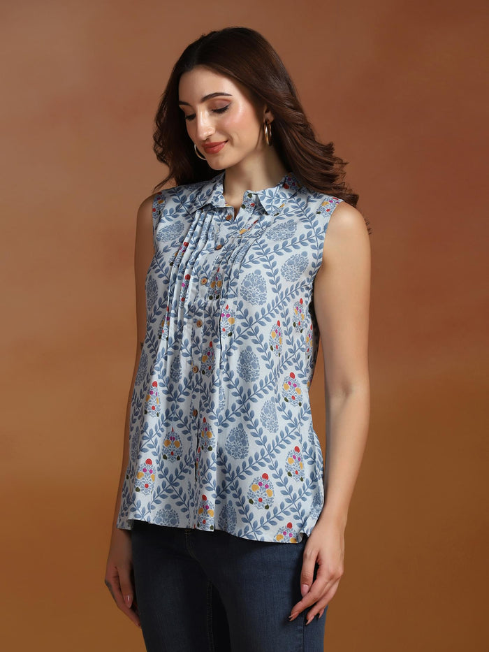 Women Liva Blue Printed Tunic.