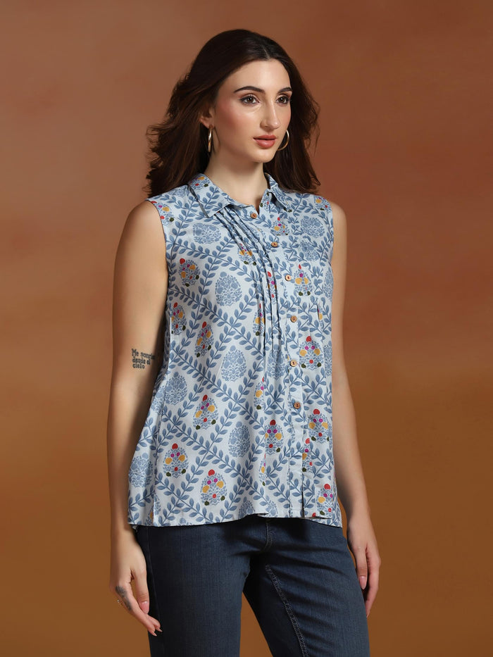 Women Liva Blue Printed Tunic.