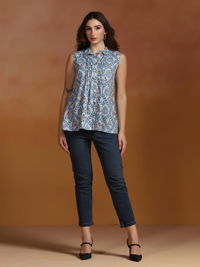 Women Liva Blue Printed Tunic.
