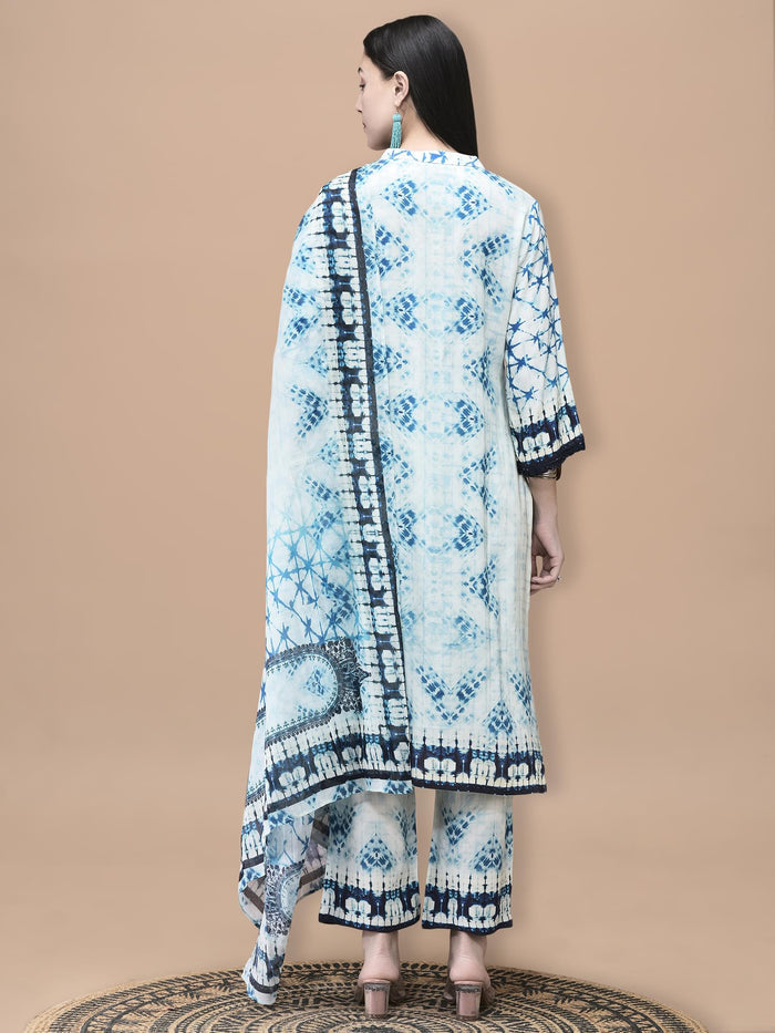 Women Liva Blue Tie Dye Print Kurta Comfort Pant Dupatta.