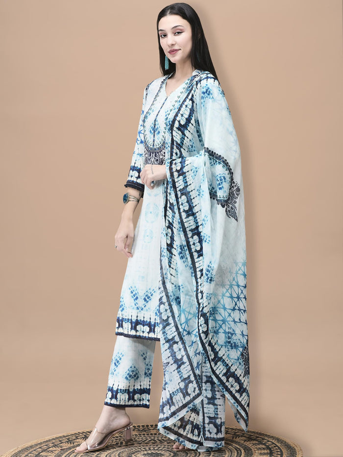 Women Liva Blue Tie Dye Print Kurta Comfort Pant Dupatta.