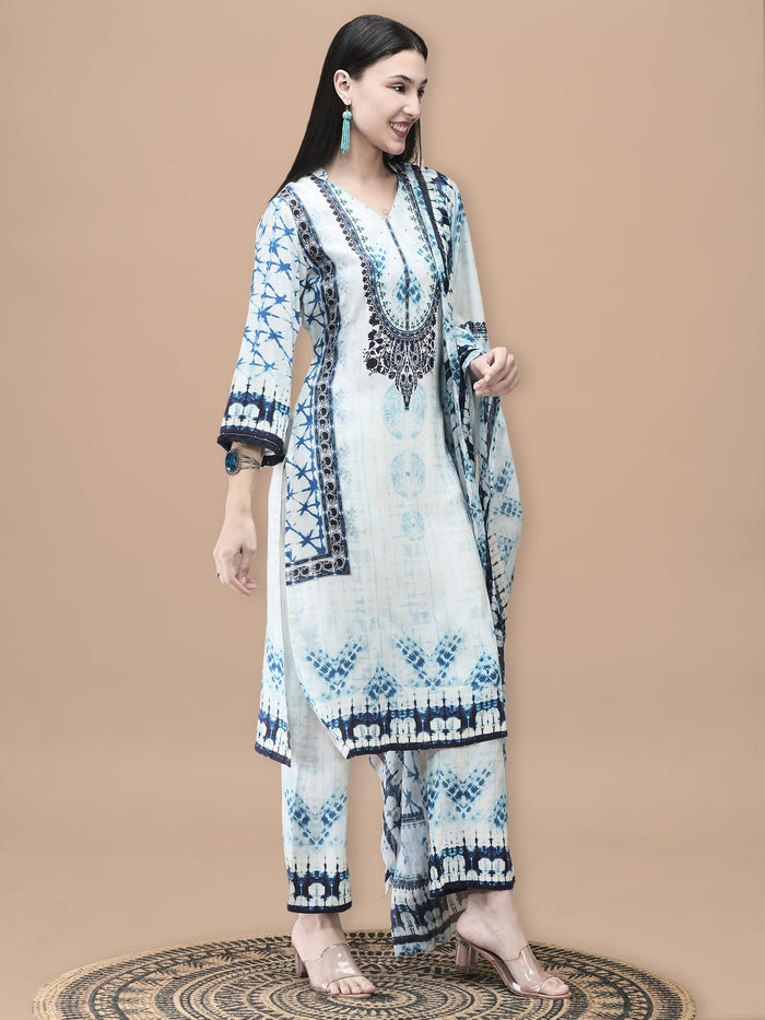 Women Liva Blue Tie Dye Print Kurta Comfort Pant Dupatta.
