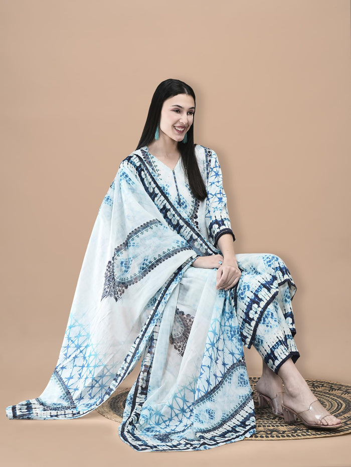 Women Liva Blue Tie Dye Print Kurta Comfort Pant Dupatta.
