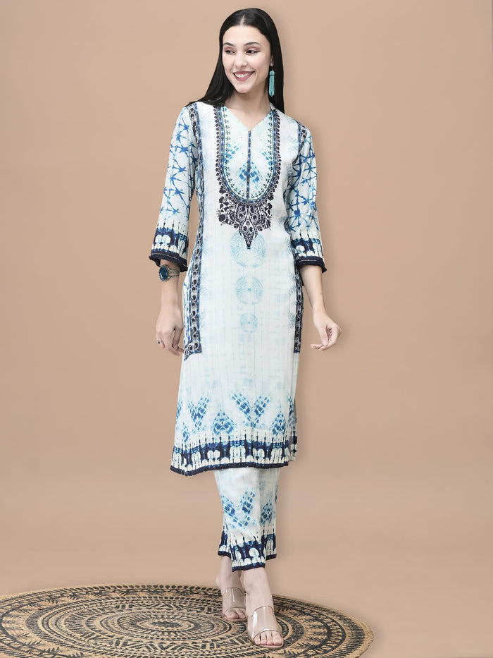 Women Liva Blue Tie Dye Print Kurta Comfort Pant Dupatta.