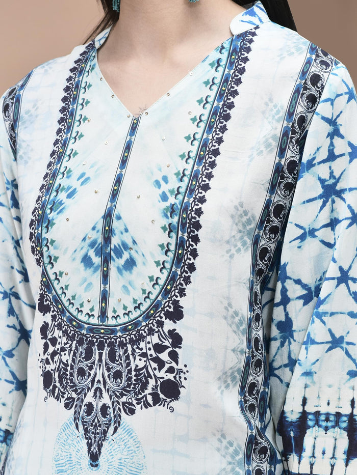 Women Liva Blue Tie Dye Print Kurta Comfort Pant Dupatta.