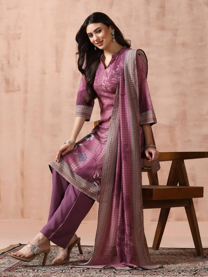 Women Liva Burgundy Printed Kurta Comfort Pant Dupatta.