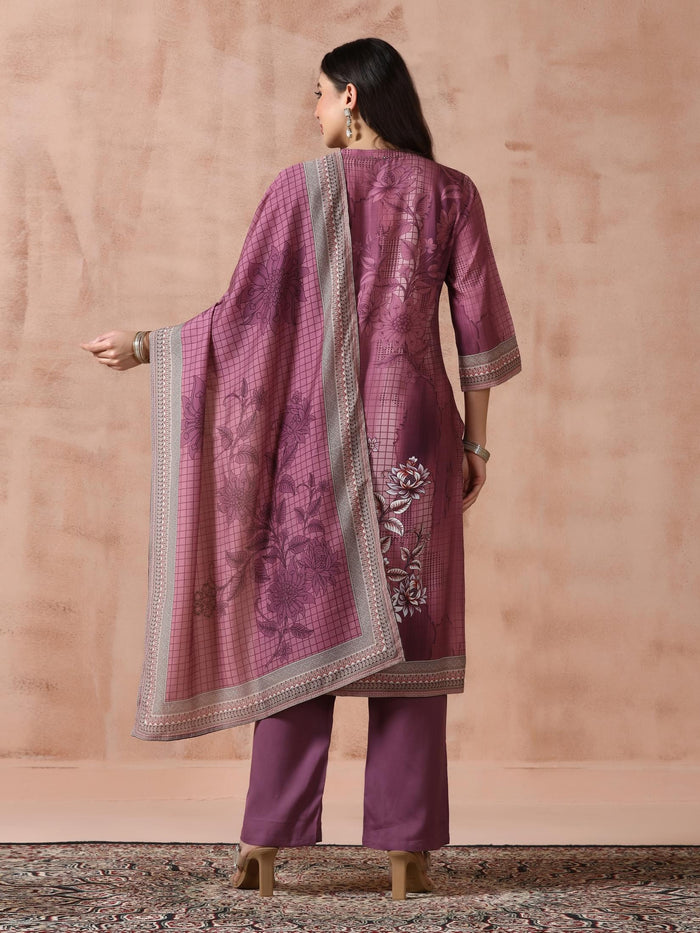 Women Liva Burgundy Printed Kurta Comfort Pant Dupatta.