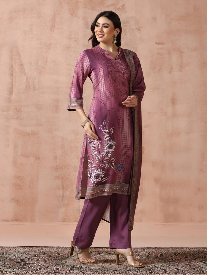 Women Liva Burgundy Printed Kurta Comfort Pant Dupatta.