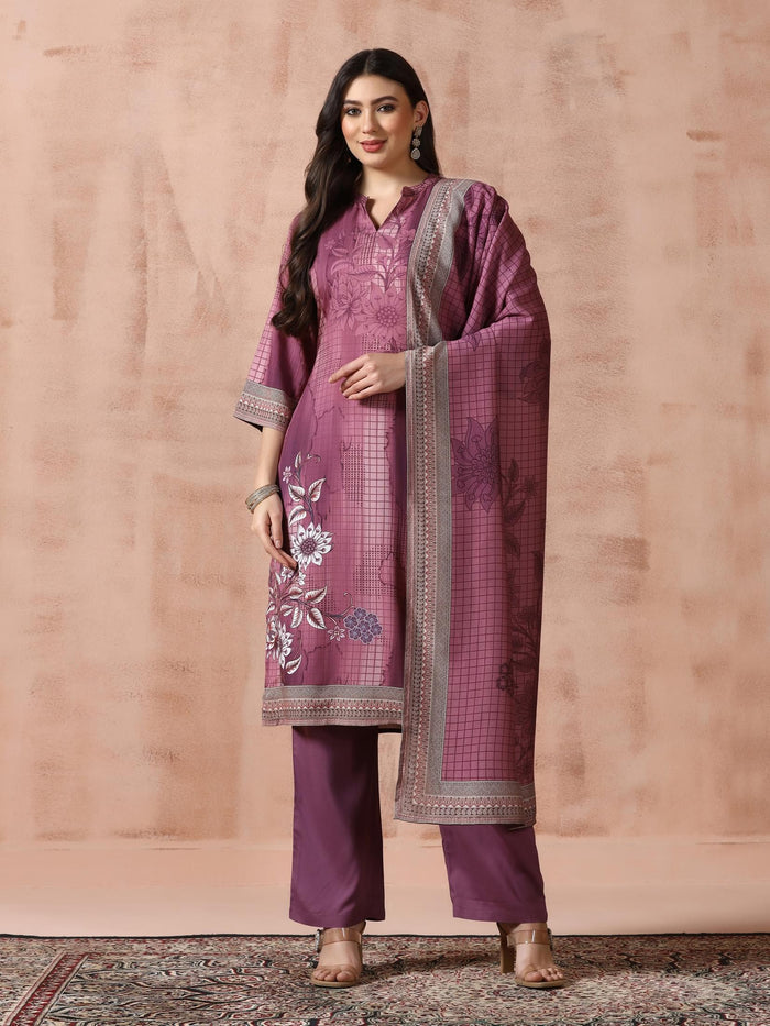 Women Liva Burgundy Printed Kurta Comfort Pant Dupatta.