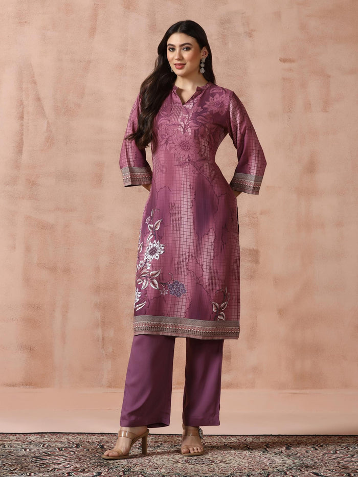 Women Liva Burgundy Printed Kurta Comfort Pant Dupatta.