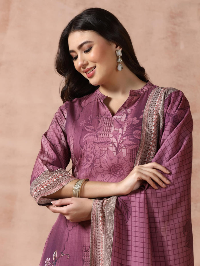 Women Liva Burgundy Printed Kurta Comfort Pant Dupatta.