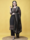 Women Liva Charcoal Grey Ajrakh Print Kurta Comfort Pant Chanderi Dupatta.