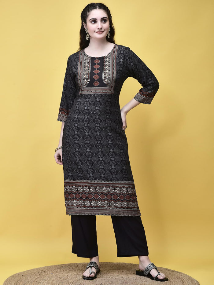 Women Liva Charcoal Grey Ajrakh Print Kurta Comfort Pant Chanderi Dupatta.