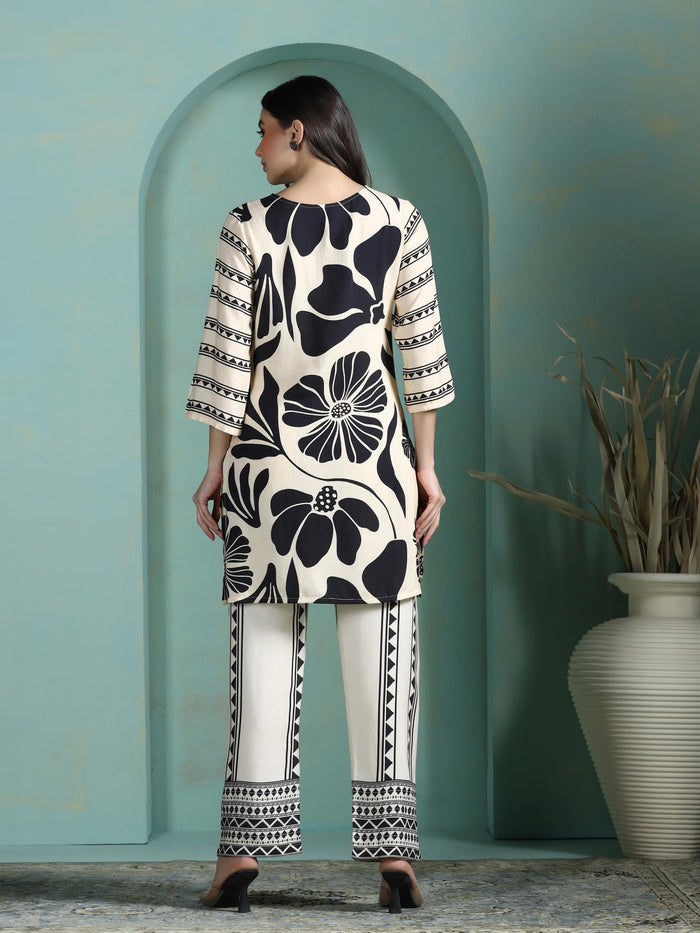 Women Liva Cream and Black Printed Kurta With Comfort Pant.
