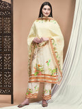 Women Liva Cream Floral Print Kurta Comfort Pant Dupatta.