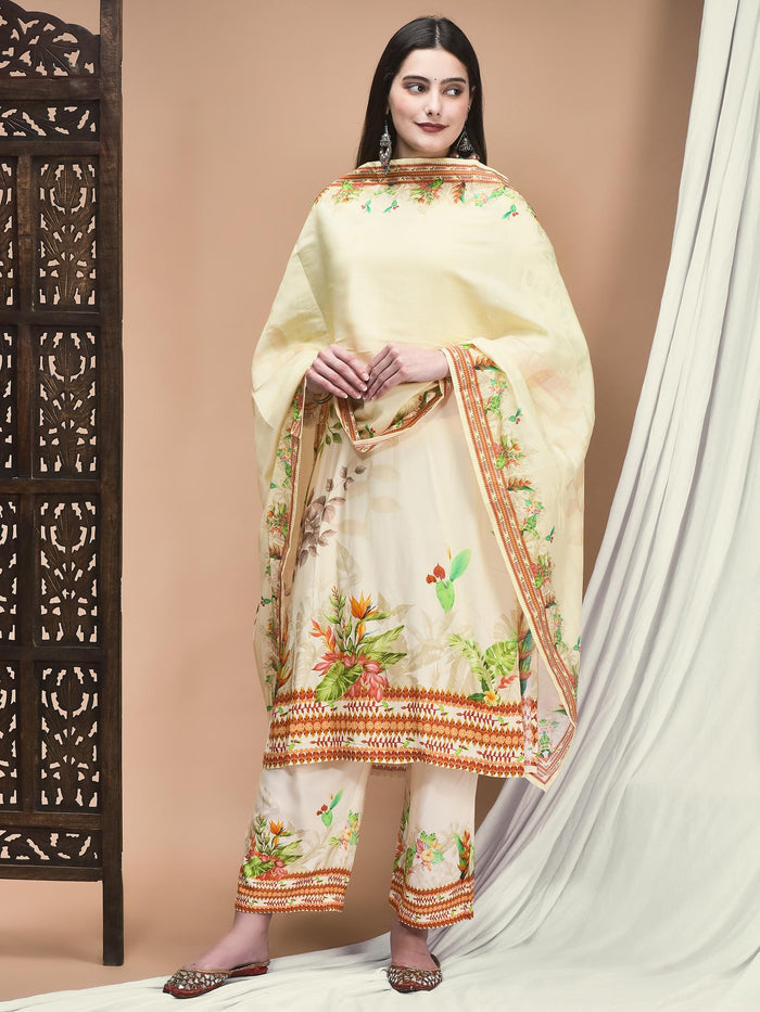 Women Liva Cream Floral Print Kurta Comfort Pant Dupatta.