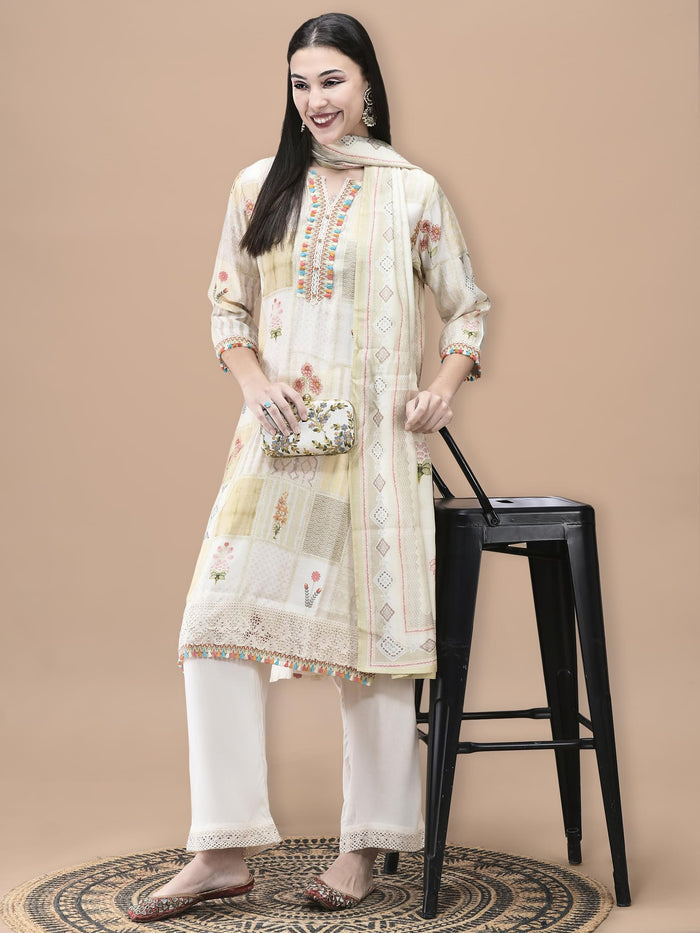 Women Liva Cream Floral Print Kurta Comfort Pant Dupatta.
